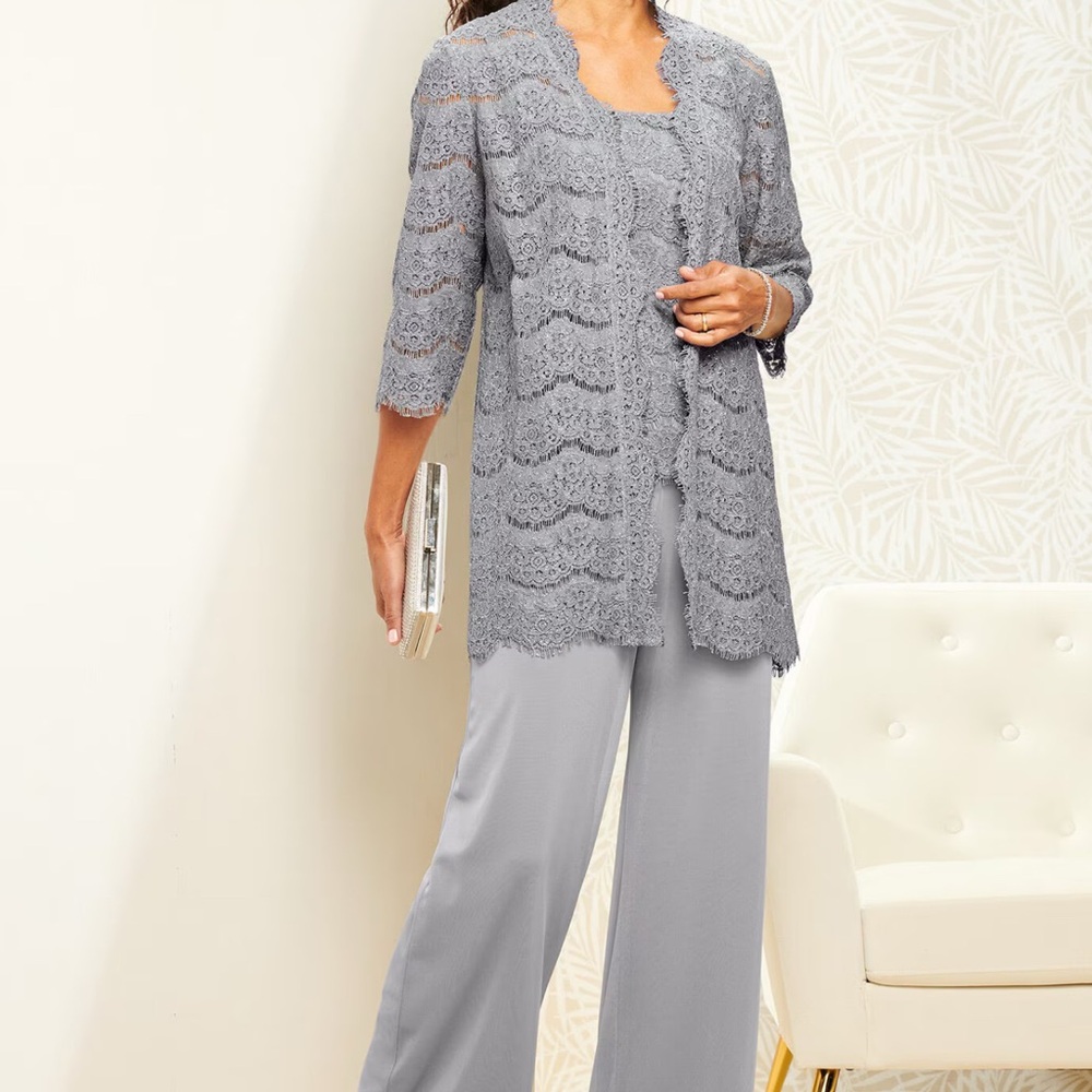 R&M Richard’s from Draper’s & Damon’s Elegant 3 Piece Gray Lace Pant Suit